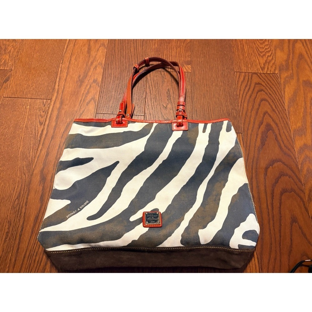 Dooney & Bourke Zebra Printed Canvas Red Leather Trim Suede Bottom Lee Tote Bag
